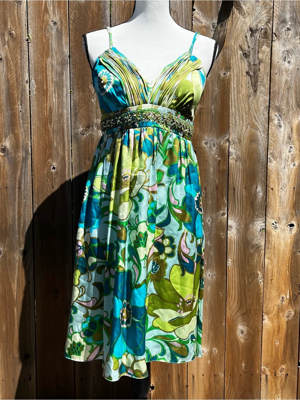 Y2K Tropical Summer OC by OC Green & Blue Floral Beaded Spaghetti-Strap Dress